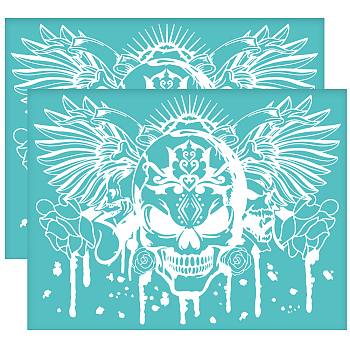 Self-Adhesive Silk Screen Printing Stencil, for Painting on Wood, DIY Decoration T-Shirt Fabric, Turquoise, Skull, 280x220mm