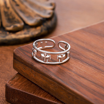 Hollow Out 304 Stainless Steel Cuff Open Rings, Cross, Stainless Steel Color, Inner Diameter: 15~20mm