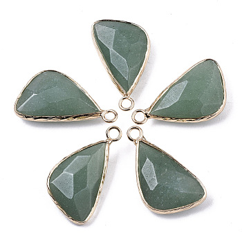 Natural Green Aventurine Pendants, with Light Gold Plated Brass Edge and Loop, Triangle, Faceted, 25~26x16x6mm, Hole: 2.5mm