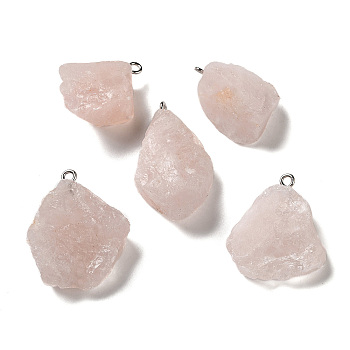 Raw Rough Natural Rose Quartz Pendants, Nuggets Charms, with Platinum Plated Iron Loops, 21~34.5x15~25.5x10~17mm, Hole: 2mm