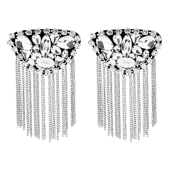 2Pcs Iron Chain Tassel Epaulettes, Rhinestone Detachable Shoulder Badge, with Cloth & Felt Findings, Platinum, 165x110x16mm