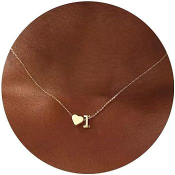 Simple Style Adjustable 316L Surgical Stainless Steel Heart and Initial Pendant Necklaces for Women, Real 14K Gold Plated, Letter I, 16.93 inch(43cm)