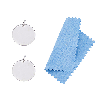 2Pcs Rhodium Plated 925 Sterling Silver Pendants, with Jump Rings and Suede Fabric Square Silver Polishing Cloth, Blank Flat Round Charms, Platinum, 15.5mm, Hole: 2mm