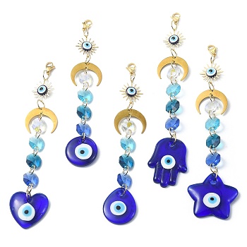 Handmade Evil Eye Lampwork Pendant Decorations, with Octagon Glass Beads and Moon Link, 304 Stainless Steel Lobster Claw Clasps, Star/Heart/Flat Round/Teardrop/Hamsa Hand, Medium Blue, 166~190mm