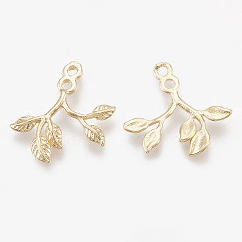 Brass Charms, Real 18K Gold Plated, Leafy Branches, 14.5x13.5x1.5mm, Hole: 1.2mm