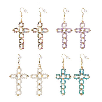 Natural Gemstone Braided Hollow Out Cross Dangle Earrings, Brass Wire Wrap Long Drop Earrings for Women, 75mm, Pin: 0.7mm