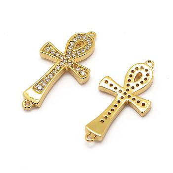 Brass Micro Pave Grade AAA Cubic Zirconia Links, Cadmium Free & Nickel Free & Lead Free, Ankh Cross, Real 18K Gold Plated, 24.5x13x3mm, Hole: 1mm