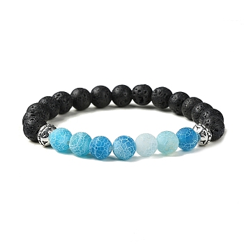 Natural Dyed Crackle Agate & Lava Rock Round Beaded Stretch Bracelet, Blue, Inner Diameter: 2 inch(5.2cm)