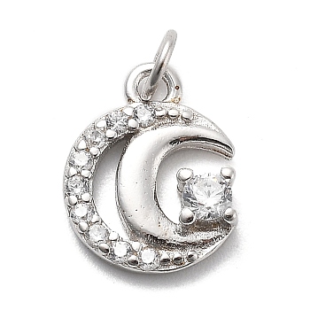 925 Sterling Silver Micro Pave Clear Cubic Zirconia Crescent Moon Charms, with 925 Stamp and Jump Rings, Silver, 11x8.5x2.5mm, Hole: 2.7mm