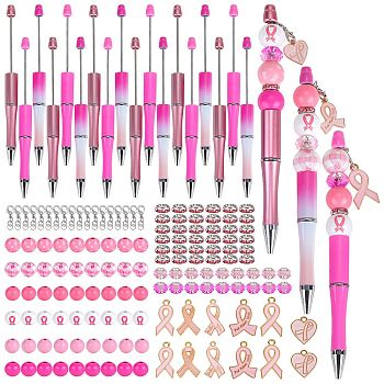 DIY Breast Cancer Awareness Theme Beadable Pen Making Kit, Including Alloy Enamel Ribbon Pendant, Wood & Glass European Beads, ABS Plastic Ball-Point Pen, Pink, 162Pcs/box