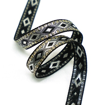 Ethnic Style Polyester Embroidery Rhombus Ribbons, Jacquard Ribbon, Garment Accessories, Black, 1/2 inch(12mm)