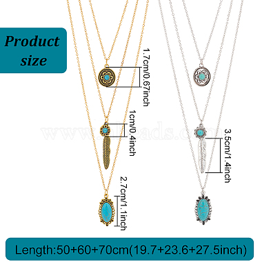 2Pcs 2 Colors Flower & Feather & Oval Imitation Turquoise Pendants 3 Layer Necklaces Set(NJEW-AN0001-06)-2
