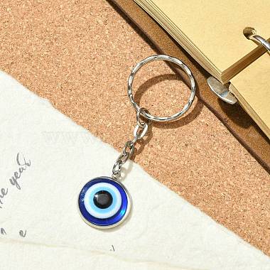 Flat Round with Evil Eye Resin & 304 Stainless Steel Pendant Keychain(KEYC-JKC00645)-3