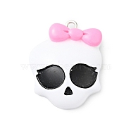 Skull with Bowknot Resin Pendants, with Iron Loops, for Halloween, White, 28x23.5x7.5mm, Hole: 2mm(FIND-B012-08)