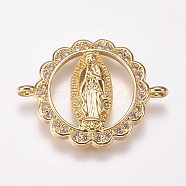 Brass Micro Pave Cubic Zirconia Links, Flat Round with Virgin Mary, Clear, Golden, 16x21.5x3mm, Hole: 1.5mm(ZIRC-K074-03-01G)