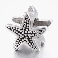 304 Stainless Steel European Beads, Large Hole Beads, Starfish/Sea Stars, Antique Silver, 11x12x8.5mm, Hole: 5mm(X-STAS-F150-076AS)