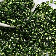 Glass Seed Beads, Silver Lined, Square, Dark Olive Green, 3~3.5x2.5~3x2.5~3mm, Hole: 1mm, about 10714pcs/pound(SEED-M011-01B-05)