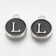 Alloy Enamel Charms, Flat Round with Letter, Platinum, Black, Letter.L, 14x11.5x2.5mm, Hole: 1mm(ENAM-T007-01-L)