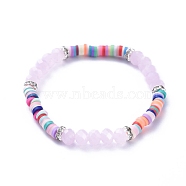 Kids Stretch Bracelets, with Polymer Clay Heishi Beads, Faceted Glass Beads and Brass Rhinestone Beads, Misty Rose, Inner Diameter: 1-7/8 inch(4.7cm)(BJEW-JB05194-05)