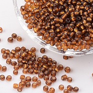 8/0 Glass Seed Beads, Silver Lined Round Hole, Round, Brown, 8/0, 3mm, Hole: 1mm, about 1111pcs/50g, 50g/bag, 18bags/2pounds(SEED-US0003-3mm-53)
