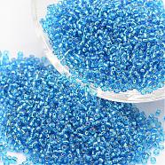 6/0 Transparent Glass Round Seed Beads, Grade A, Silver Lined, Dodger Blue, 3.6~4.0mm, Hole: 1.2mm, about 5000pcs/pound(SEED-J010-F6-23B)