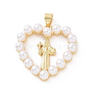 Brass with ABS Plastic Imitation Pearl Pendants, Heart with Priest Charm, Golden, 25.5x25x5mm, Hole: 3.5x5mm(KK-G460-07G)