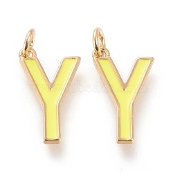 Brass Enamel Pendants, with Jump Ring, Long-Lasting Plated, Real 18K Gold Plated, Letter.Y, Champagne Yellow, Letter.Y, Y: 18x10.5x1.8mm, Jump Rings: Inner Diameter: 3mm(KK-R139-02Y)