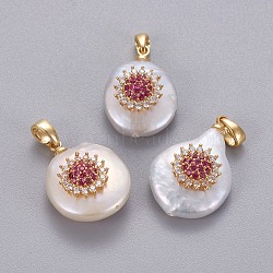 Natural Cultured Freshwater Pearl Pendants, with Brass Micro Pave Cubic Zirconia Findings, Nuggets with Flower, Long-Lasting Plated, Golden, Deep Pink, 17~27x12~16x6~12mm, Hole: 4x2.5mm(KK-L187-02C)
