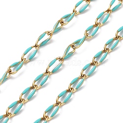 304 Stainless Steel Handmade Beaded Chain, with Enamel, with Spool, Soldered, Real 18K Gold Plated, Oval, Turquoise, 9x4x1mm, about 16.40 Feet(5m)/Roll(CHS-K019-02G-07)