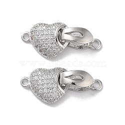Brass Micro Pave Cubic Zirconia Fold Over Clasps, Heart, Real Platinum Plated, 9x20x5mm, Hole: 1.5mm(KK-E107-02P)
