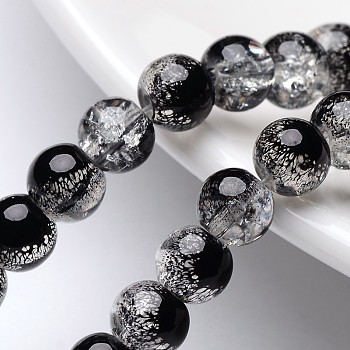 Crackle Glass Beads Strands, Round, Black, 6mm, Hole: 1.3~1.6mm, about 133pcs/strand, 31.4 inch