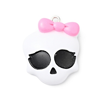 Skull with Bowknot Resin Pendants, with Iron Loops, for Halloween, White, 28x23.5x7.5mm, Hole: 2mm
