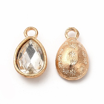 Faceted Glass Rhinestone Pendants, with Golden Tone Zinc Alloy Findings, Teardrop Charms, Clear, 15x9x5mm, Hole: 2mm