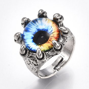 Adjustable Alloy Glass Finger Rings, Wide Band Rings, Dragon Eye, Antique Silver, Colorful, Size 8, 18mm