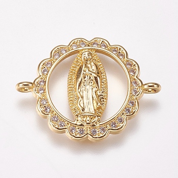 Brass Micro Pave Cubic Zirconia Links, Flat Round with Virgin Mary, Clear, Golden, 16x21.5x3mm, Hole: 1.5mm