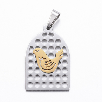 304 Stainless Steel Pendants, Bird and Birdcage, Golden & Stainless Steel Color, 24x15x1.2mm, Hole: 6x3mm