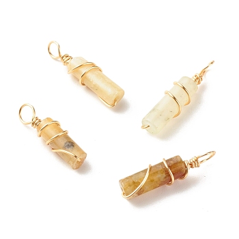 Natural Jade Pendants, with Real 18K Gold Plated Eco-Friendly Copper Wire, Column, 18.5~21x5mm, Hole: 3~3.7mm