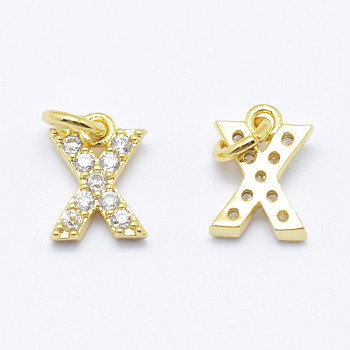 Brass Micro Pave Grade AAA Cubic Zirconia Charms, Letter X, Cadmium Free & Nickel Free & Lead Free, Real 18K Gold Plated, 8x6x1.5mm, Hole: 2mm
