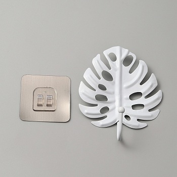 Spray Painted Iron Wall Hanging Hooks, Non Punch Wall Clothes Hanger, with Sticker, Monstera Leaf, White, 126x100x42mm, Sticker: 59x59x0.5~9.5mm