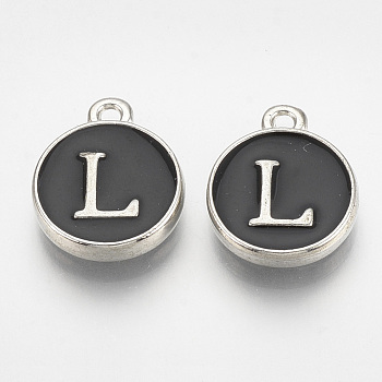 Alloy Enamel Charms, Flat Round with Letter, Platinum, Black, Letter.L, 14x11.5x2.5mm, Hole: 1mm