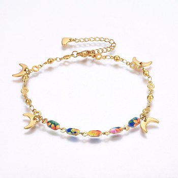 304 Stainless Steel Charm Bracelets, with Lobster Claw Clasps and Enamel, Moon, Golden, 8-1/4 inch(21cm), 3.5~4.5mm, Charms: 9x11x1mm