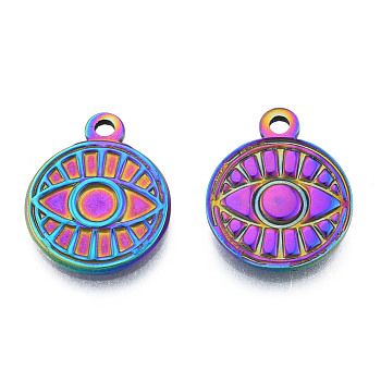 Ion Plating(IP) 201 Stainless Steel Pendants, Flat Round with Eye, Rainbow Color, 19x15x2mm, Hole: 1.8mm