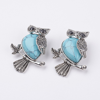 Synthetic Turquoise Pendants, with Alloy Finding, Owl, Antique Silver, 46.5x35.5x11.5mm, Hole: 6x8.5mm