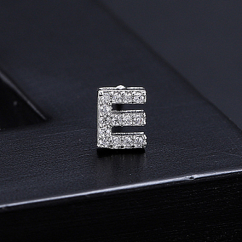 Platinum Brass Micro Pave Cubic Zirconia Stud Earrings, Initial Letter, Letter E, No Size
