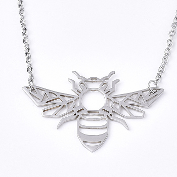 201 Stainless Steel Pendant Necklaces, with Cable Chains, Bee, Stainless Steel Color, 17.7 inch(45cm), 2mm, Bee: 24.5x39.5x1mm