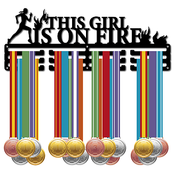 Fashion Iron Medal Hanger Holder Display Wall Rack, 3 Lines, with Screws, Word This Girl Is on Fire, Sports Themed Pattern, 150x400mm