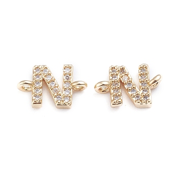 Brass Micro Pave Cubic Zirconia Links Connectors, Long-Lasting Plated, Letter, Clear, Real 18K Gold Plated, Letter.N, 7.5x11x2.8mm, Hole: 1mm