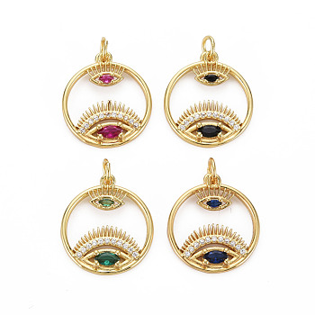 Brass Micro Pave Cubic Zirconia Pendants, Nickel Free, Real 18K Gold Plated, Ring with Eye, Mixed Color, 20.5x18x3mm, Hole: 3mm