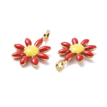Ion Plating(IP) 304 Stainless Steel Charms, with Enamel, Golden, Flower, Red, 10x7.5x2mm, Hole: 1mm