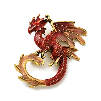 Dragon Enamel Pin Brooches, Antique Golden Alloy Rhinestone Badge for Backpack Clothes, FireBrick, 56x41x17mm, Hole: 5x3.5mm
